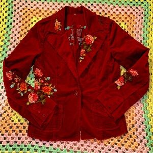 Johnny Was Los Angeles blazer
Red velvet jacket with embroidered flowers